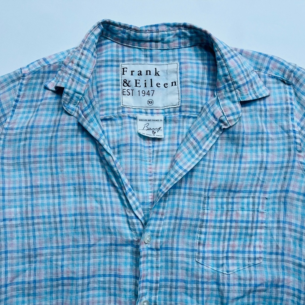 Frank & Eileen Barry Linen Shirt Womens Size XS in Plaid Pink & Blue Woven Italy